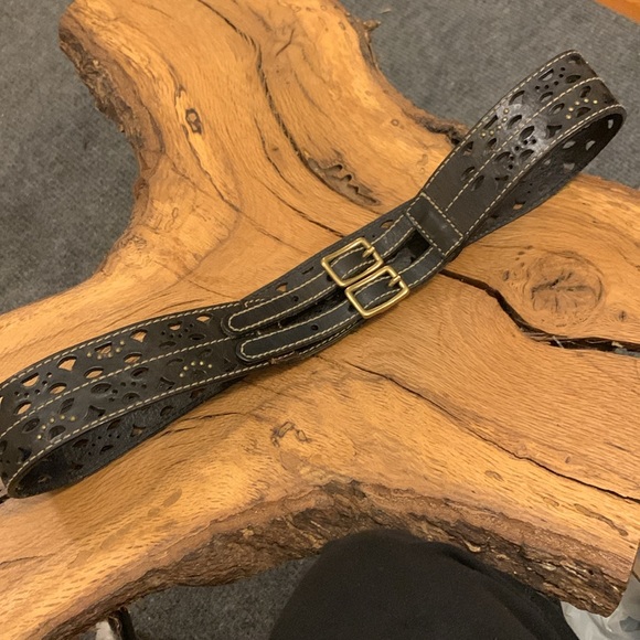 DOUBLE BUCKLE PERFORATED LEATHER BELT  WITH METAL STUDS AND SOMID BRASS BUCKLES - Picture 2 of 14